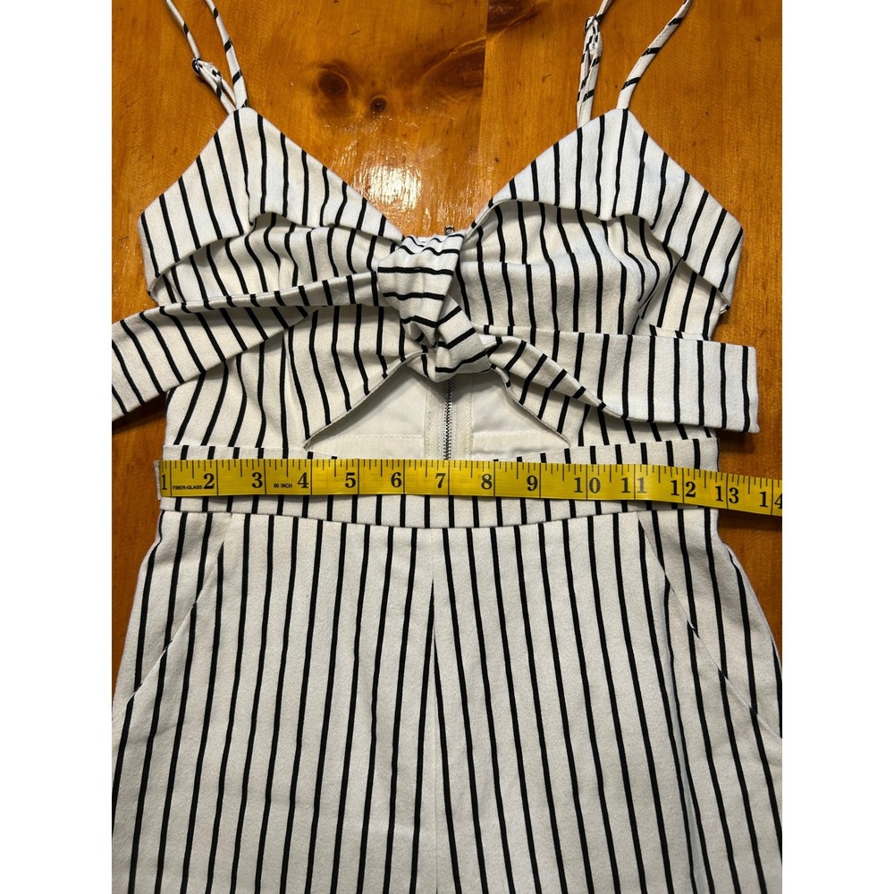 Main Strip Womens Black White Striped Tie Front Wide Leg Jumpsuit Small Cutout - Picture 11 of 13